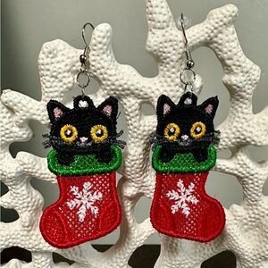 Festive Embroidered Freestanding lace Black Cat in Red/Green Stocking Earrings